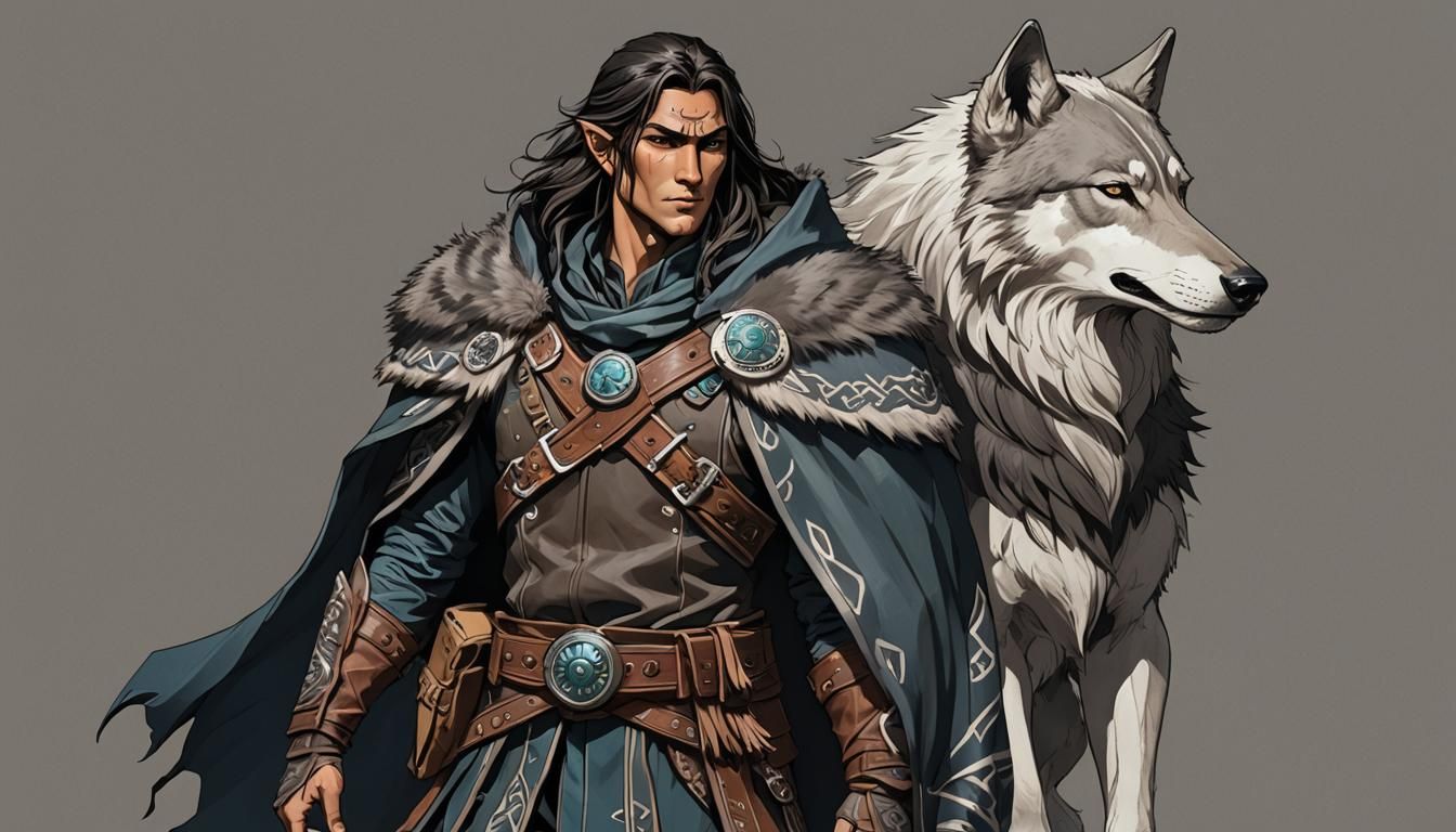 Half-Elf Ranger with Dire Wolf Companion in Anime Style