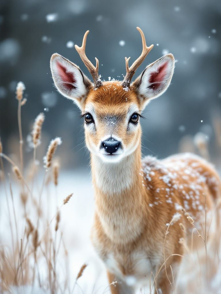 Serene Deer in Snowy Meadow Watercolor Digital Art