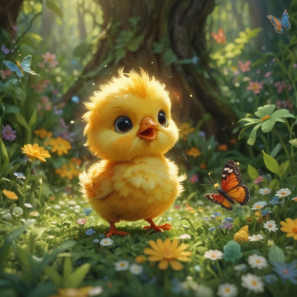 Baby Chick and Butterfly in Pixar Style