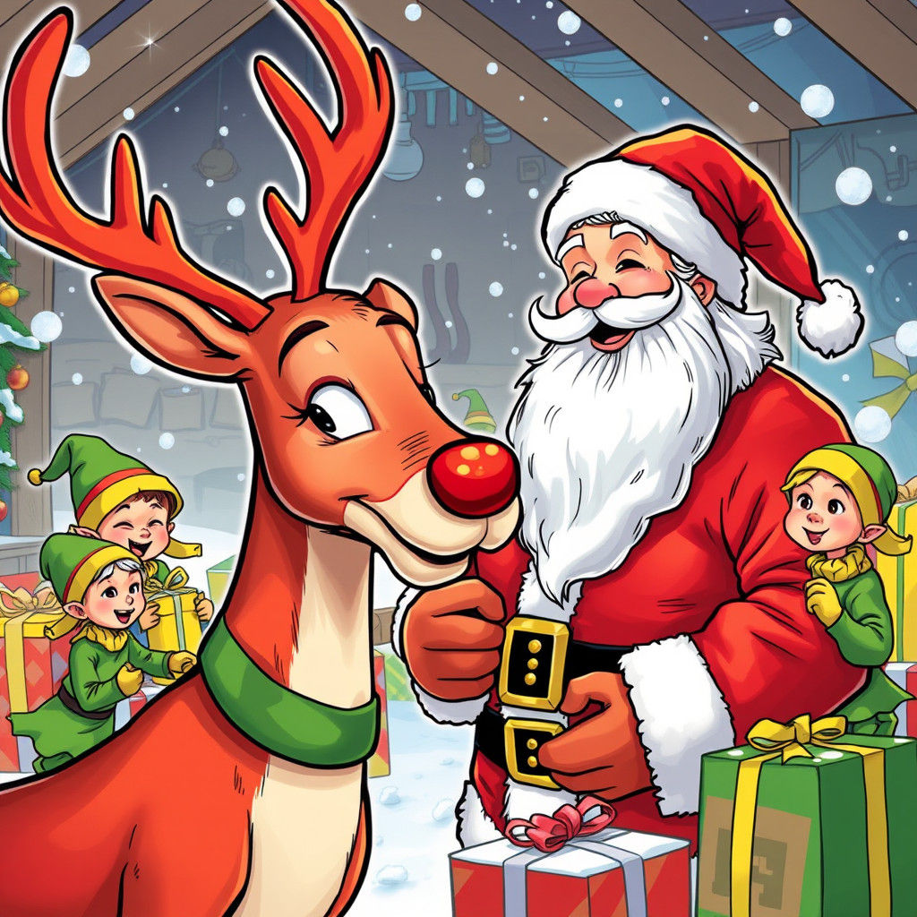 Festive Rudolph Polishes Nose in Santa's Workshop