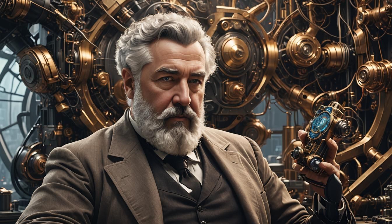 Alexander Graham Bell with Steampunk Smartphone
