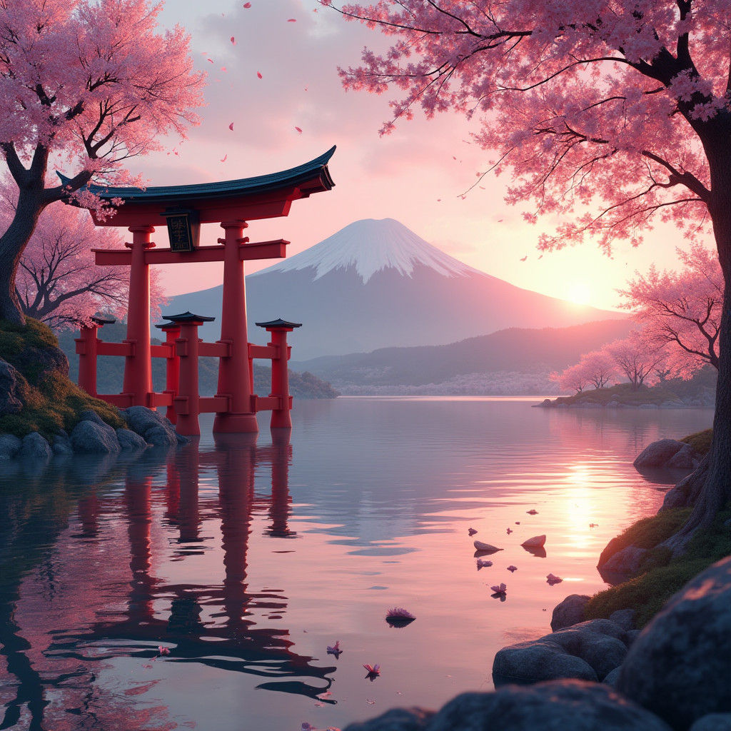 Japanese Torii Gate at Sunrise with Cherry Blossoms