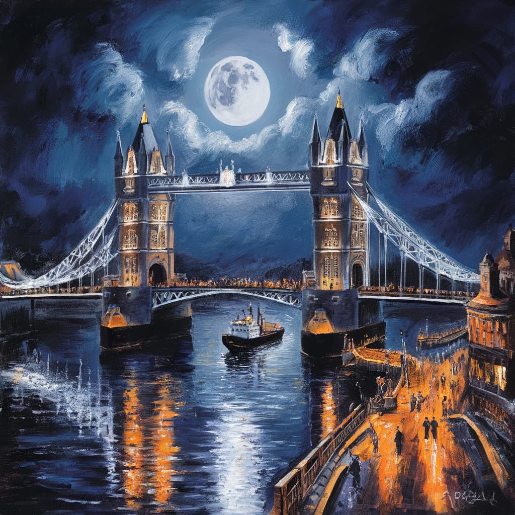 London Bridge at Night in Impressionist Style