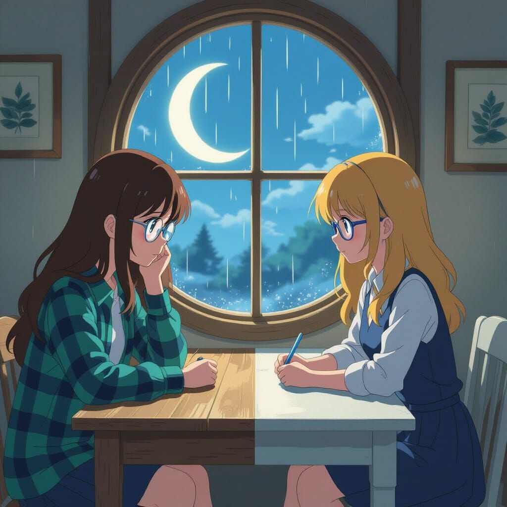 Split Screen Anime: Sad Girl at Desk, Longing Girl by Window