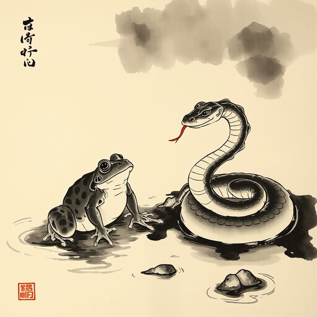 Japanese Ink Painting: Frog and Snake Converse by Lake