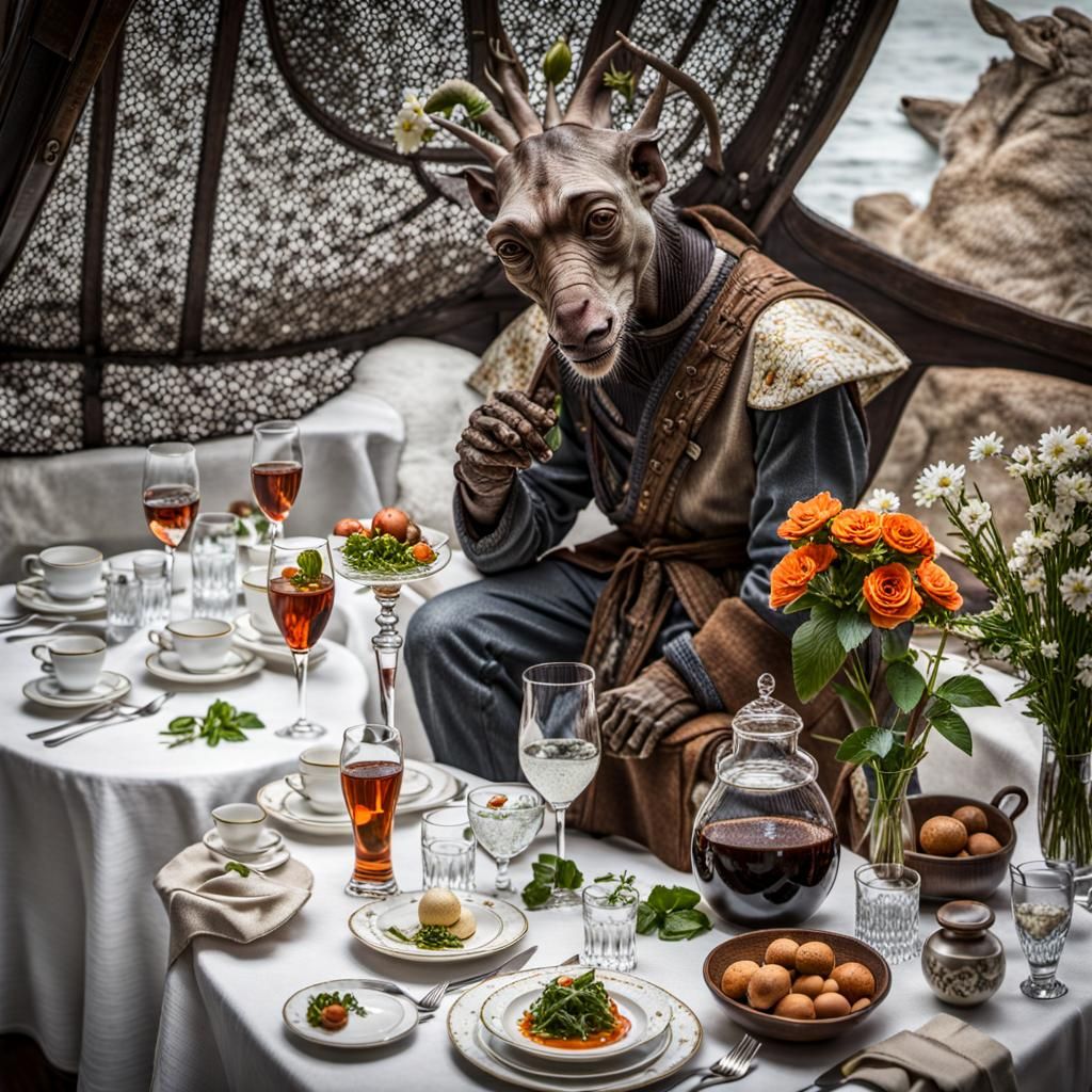 Surreal Alien Restaurant Celebration in Gritty Detail