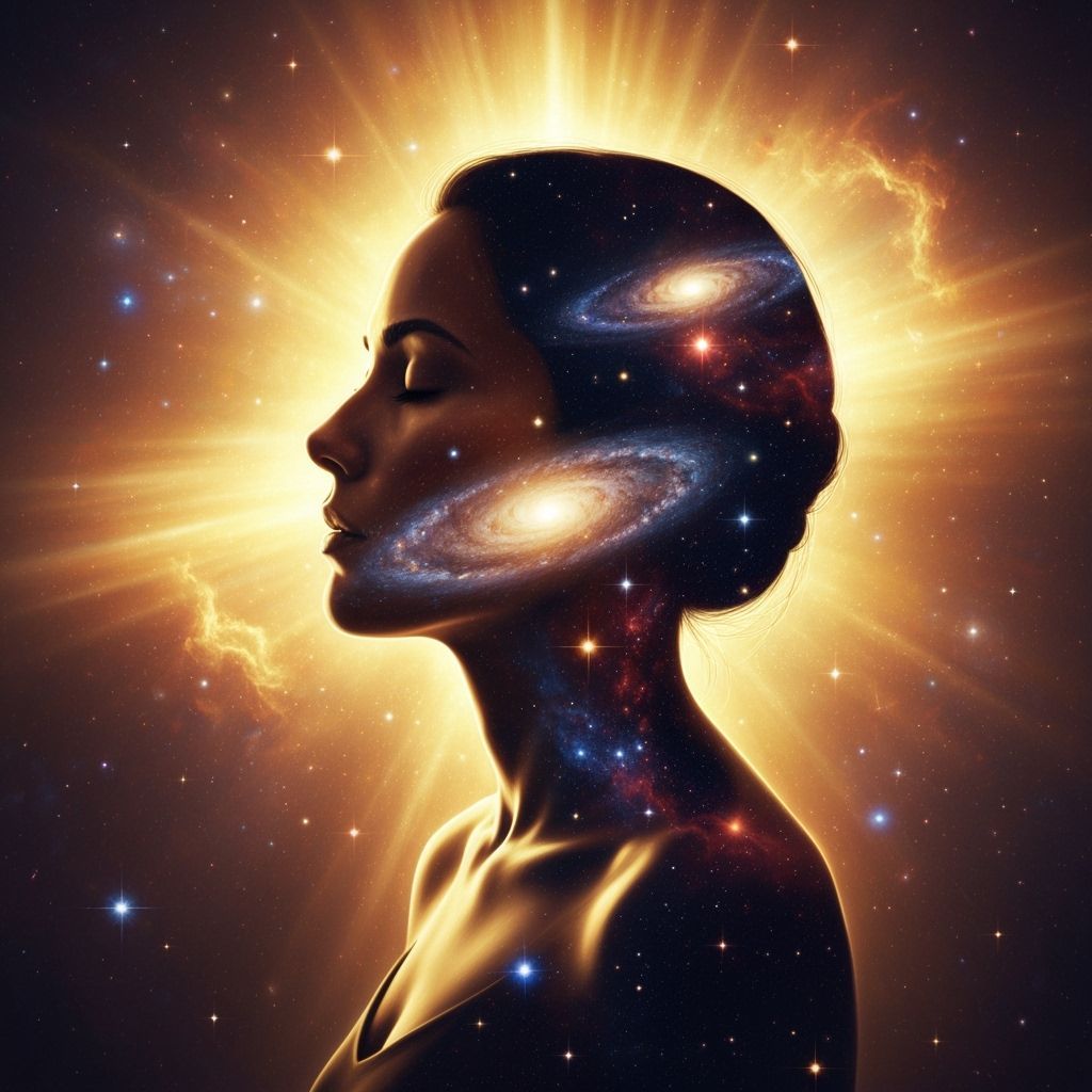 Cosmic Awakening: Woman in Ethereal Light and Dreamscape