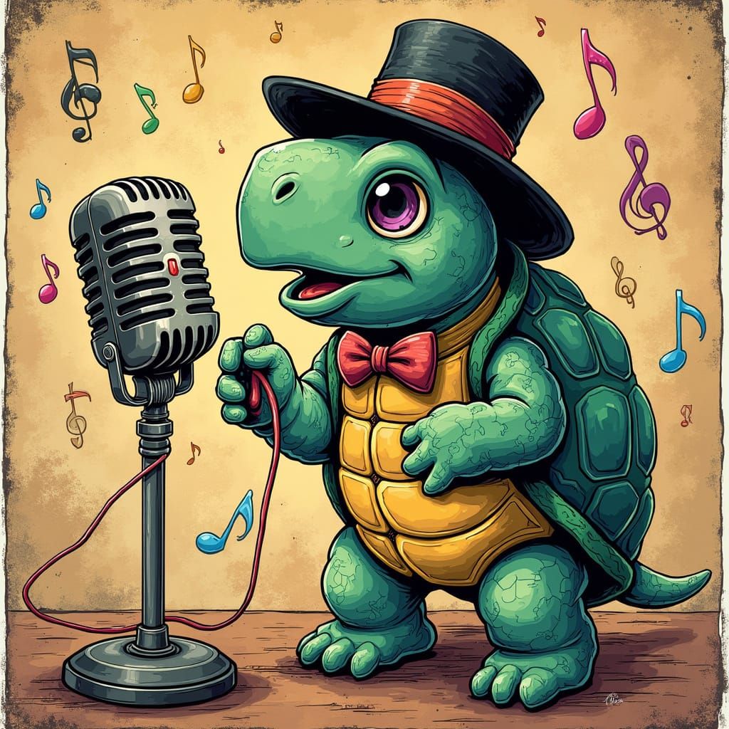 Singing Turtle with Bow Tie, Pop-Surrealist Style