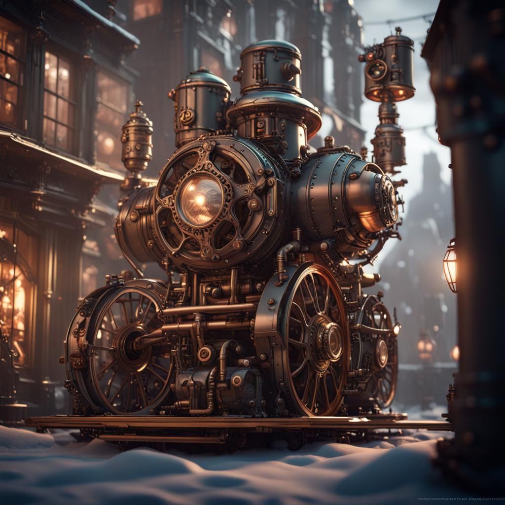 Steampunk Dickens Christmas scene intricate mech details, ground level shot, 8K resolution, Cinema 4D, Behance HD, polis...