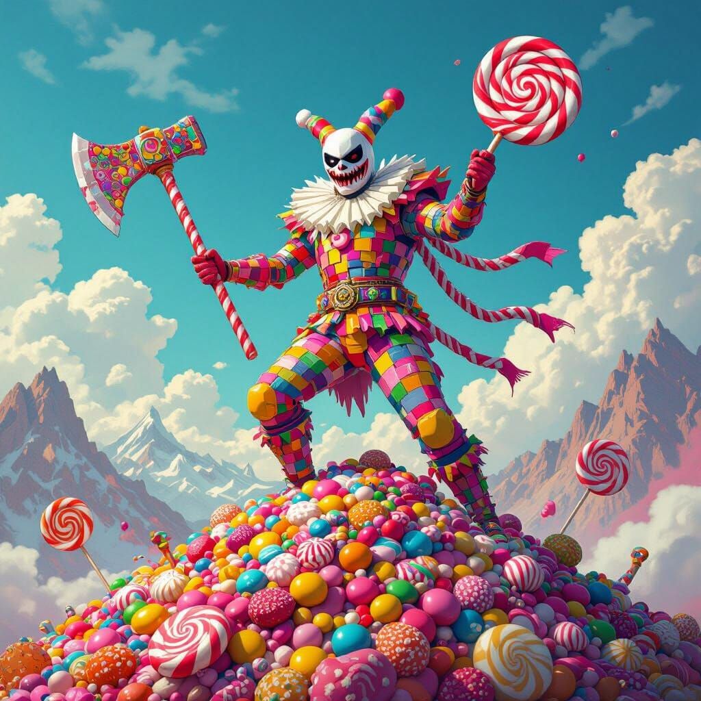 Candy Supervillain Triumphant in Fantastical Scene