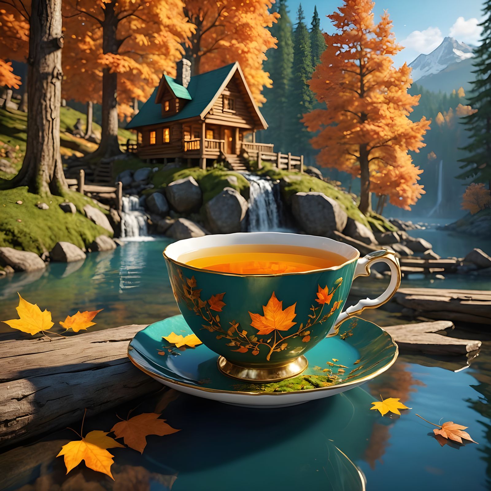 Autumn World in Golden Teacup: Hyper-Detailed CGI