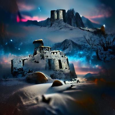 Snowy Castle Peak: Cinematic Sci-Fi Winter Night