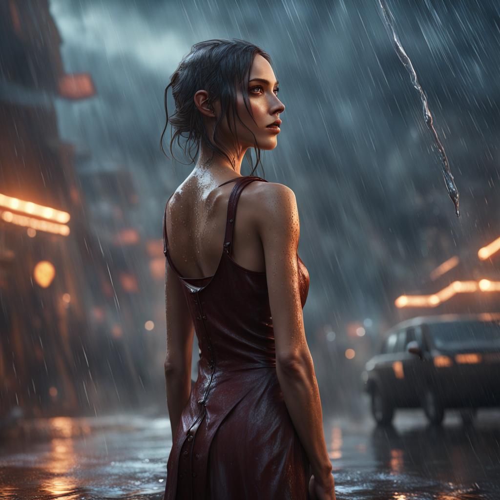 Rain Shower Girl in Detailed Matte Painting