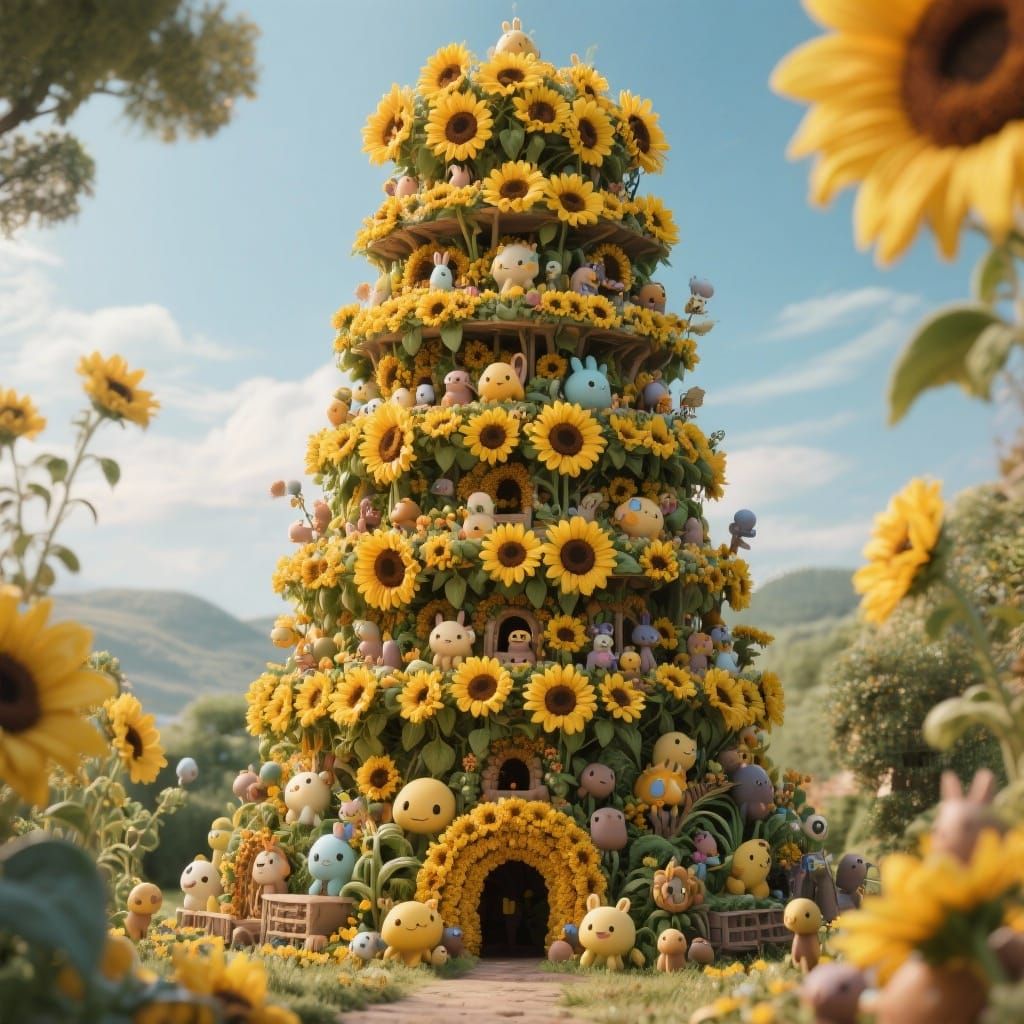 Hyperrealistic Sunflower Tower with Cute Creatures