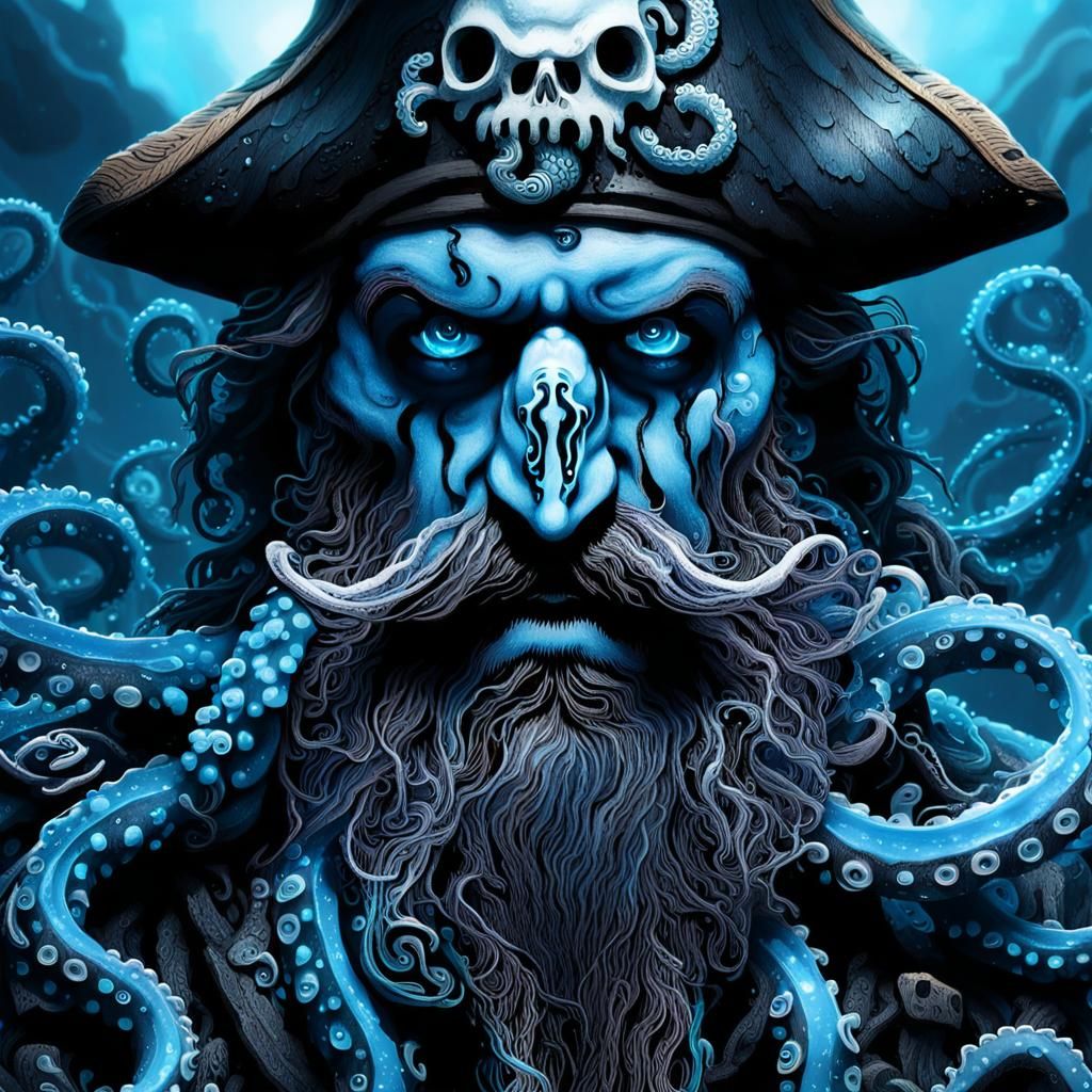 Menacing Tentacle-Bearded Pirate in Dark Fantasy Style