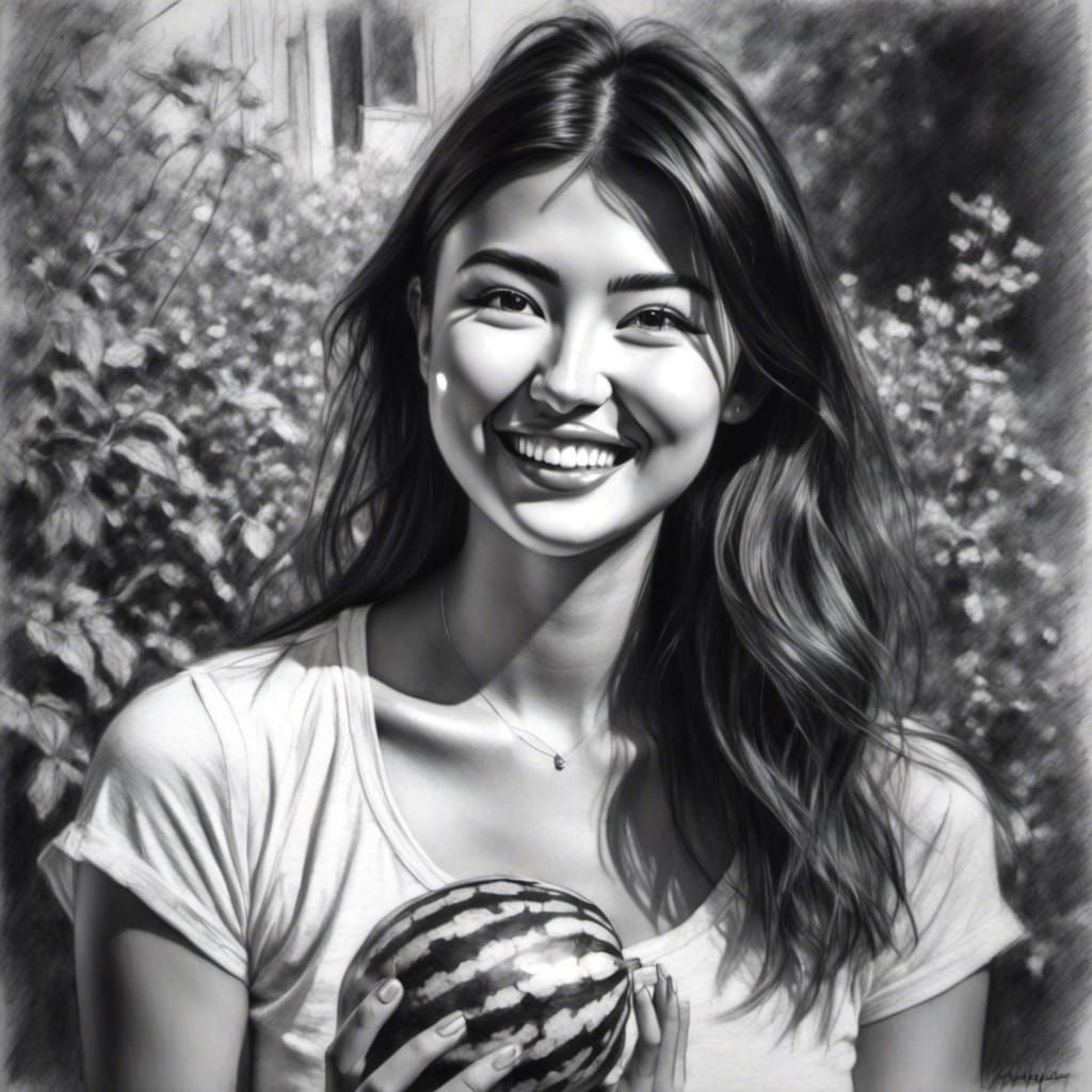 Smiling Person with Watermelon: Impressionist Charcoal Portr...