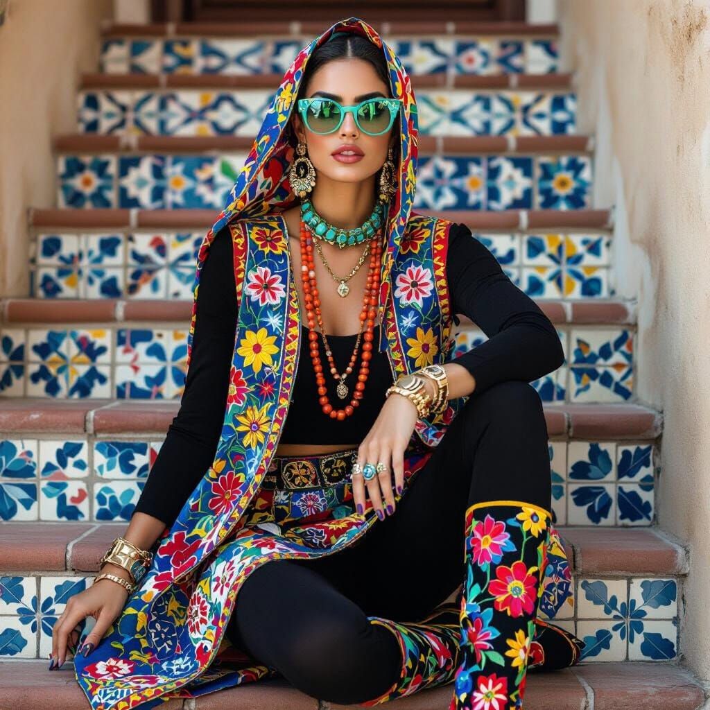 Bohemian Woman on Tiled Steps in Vibrant Floral Attire