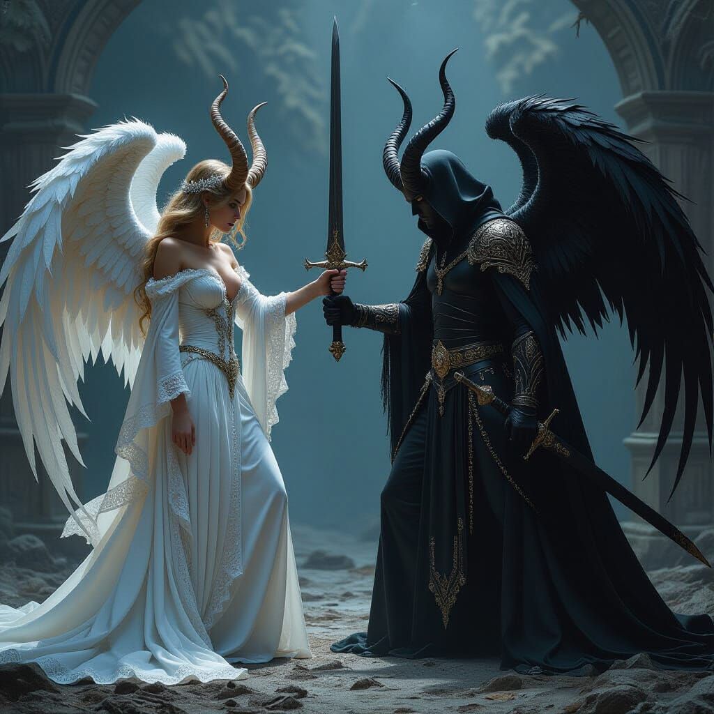 Angels vs Demon Battle in Dark Fantasy Style