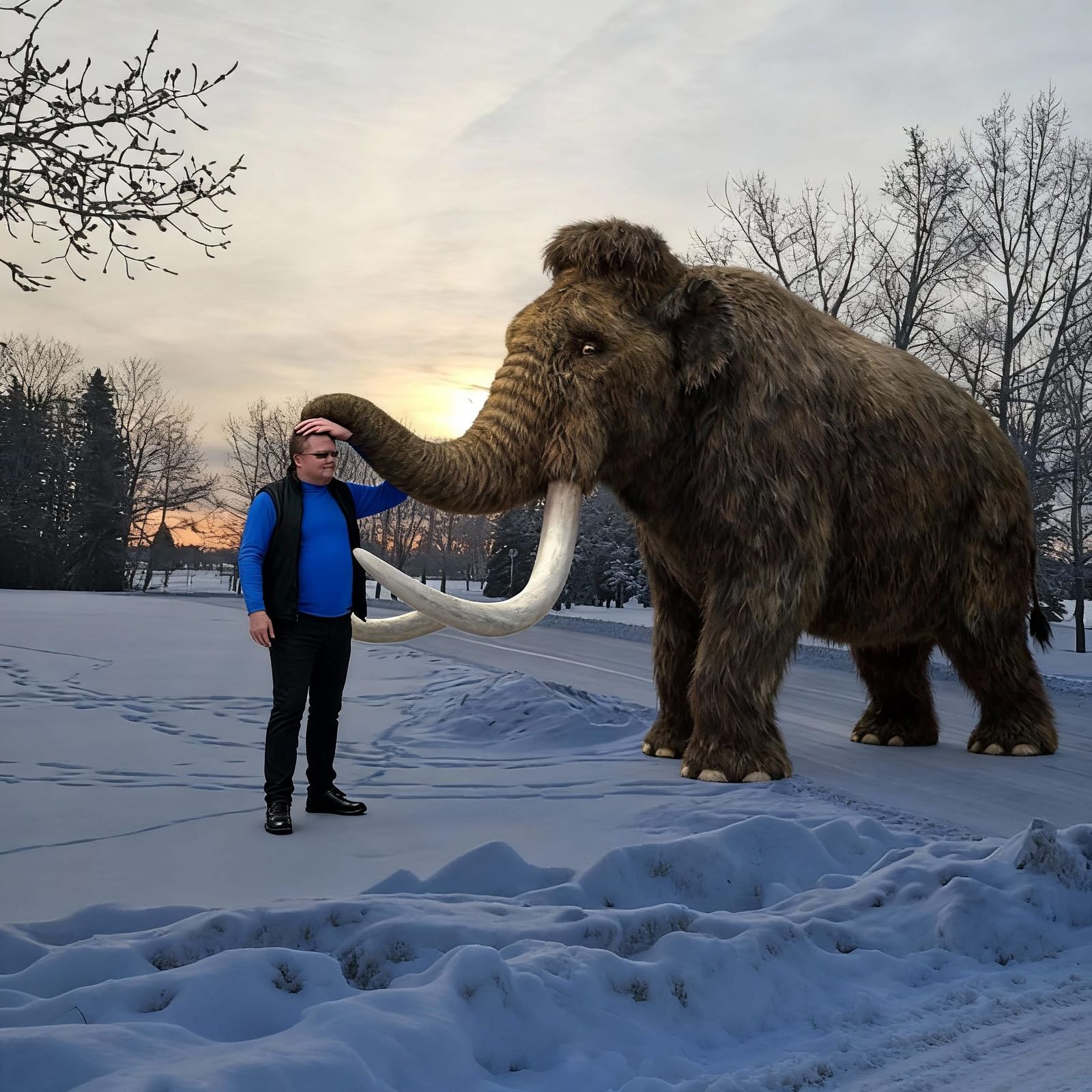 Giant Mammoth Gently Pats Head with Trunk