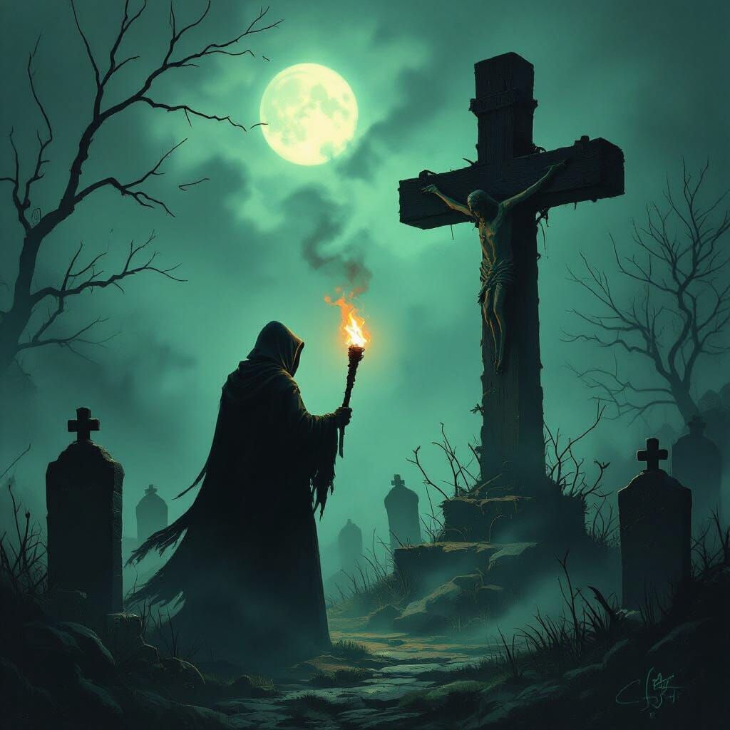 Hooded Figure with Torch in Misty Graveyard