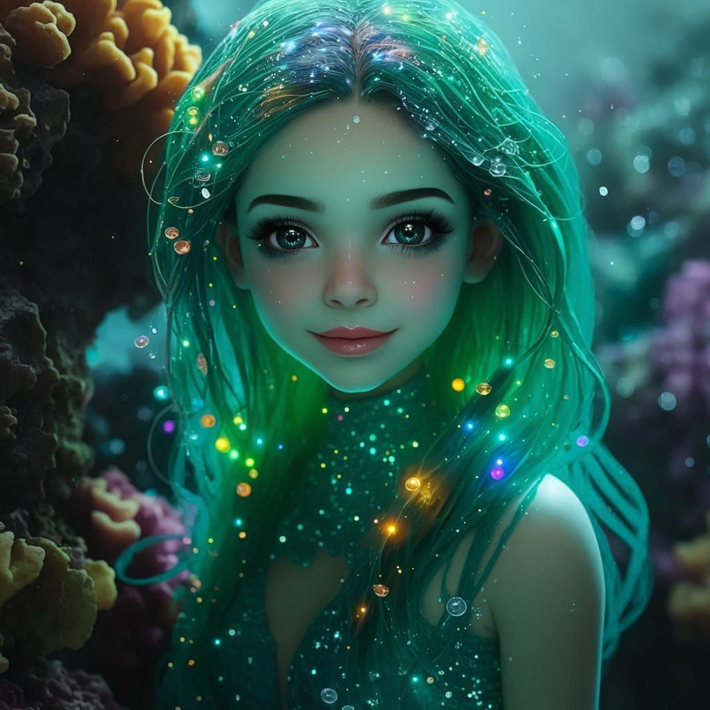 Mermaid Amidst Vibrant Coral Reef in Photorealistic Style