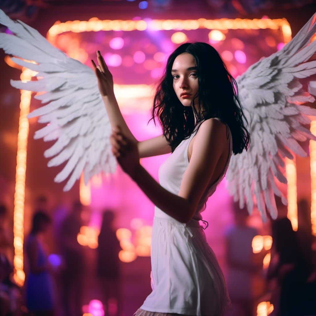 Woman with Angel Wings Dancing in Nightclub