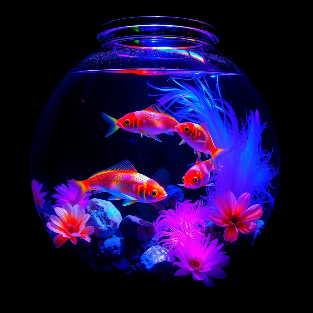 Aquarium avec poissons vivants, pierres précieuses, couleurs...