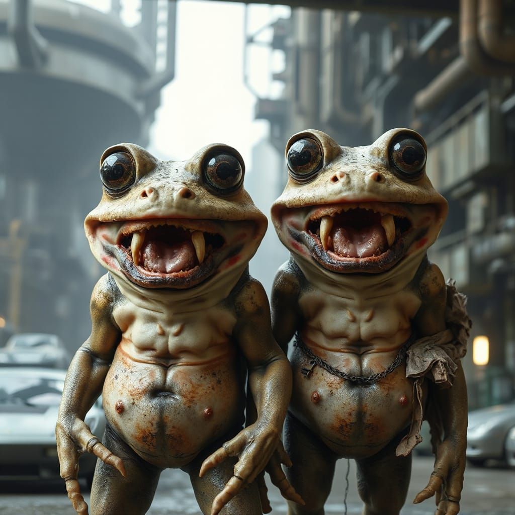 Surreal Alien Frogs in Futuristic Industrial Setting