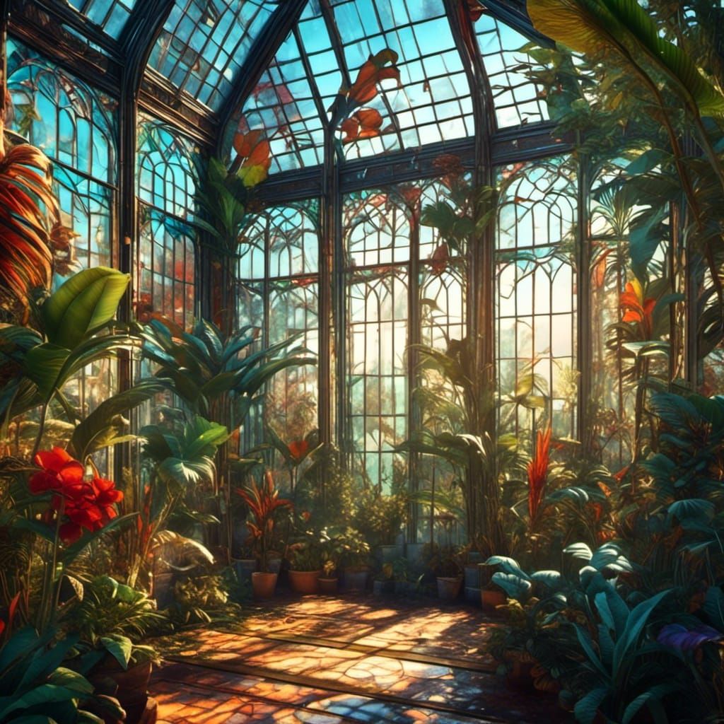 Tropical greenhouse on a sunny morning
