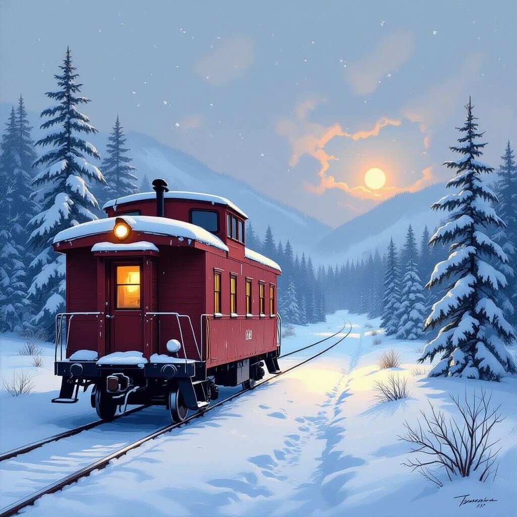 Snow-Covered Train Caboose in Winter Wilderness Landscape