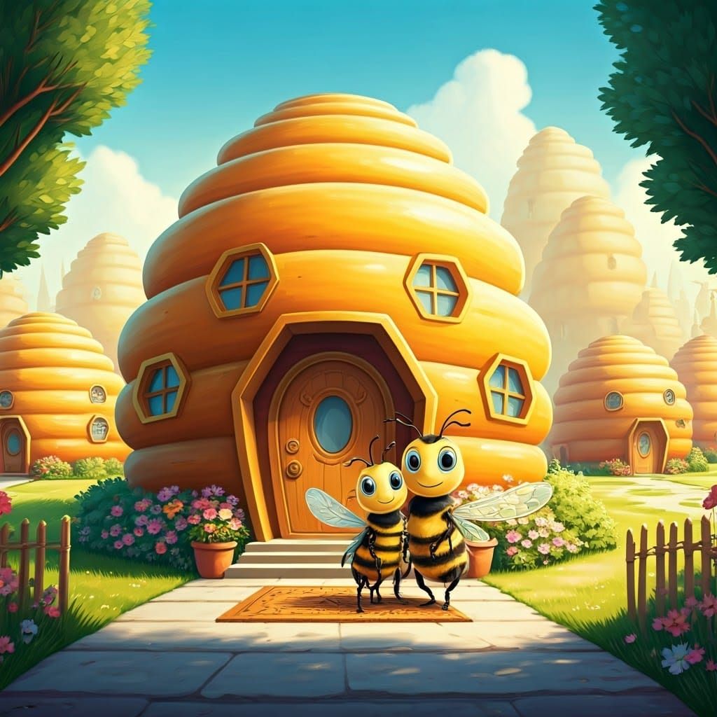 Whimsical Bee Family in Retro-Futuristic Honeycomb City