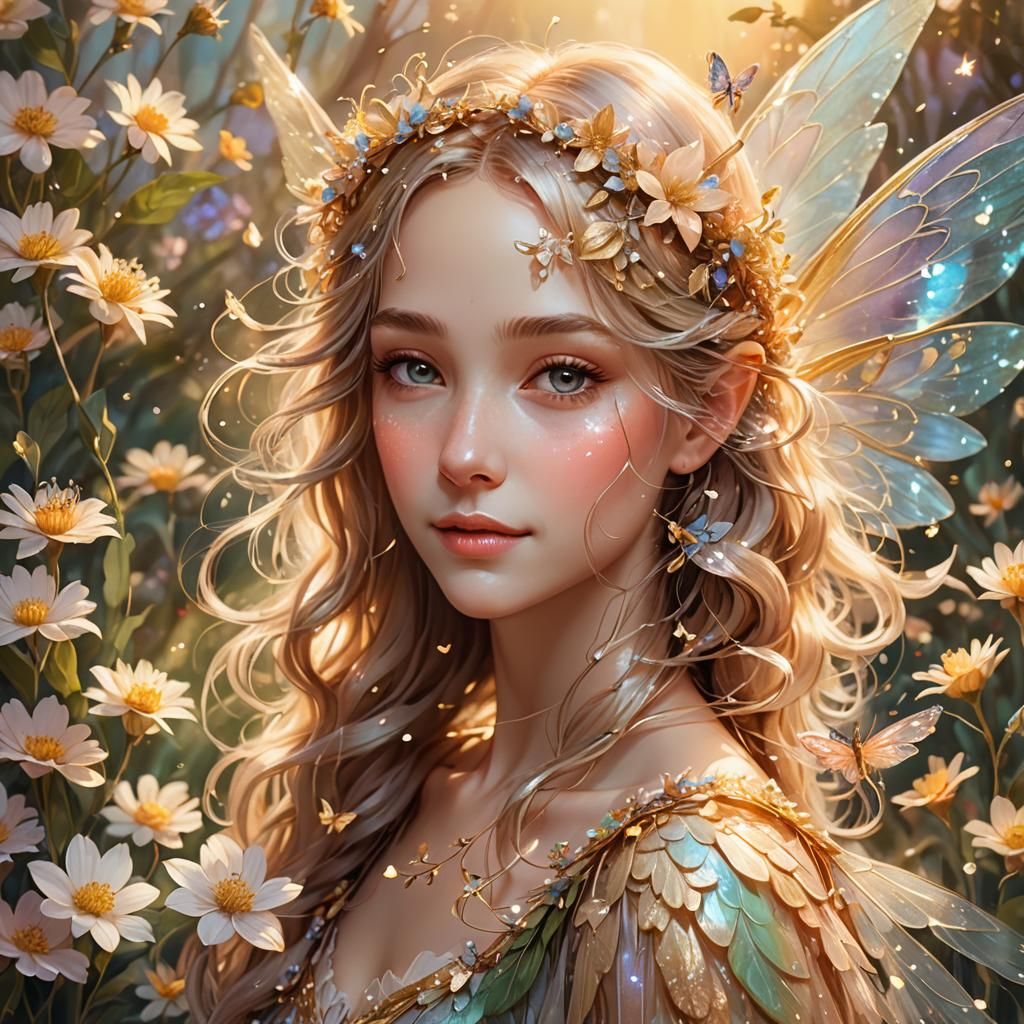 Ethereal Fairy Portrait with Watercolor Texture