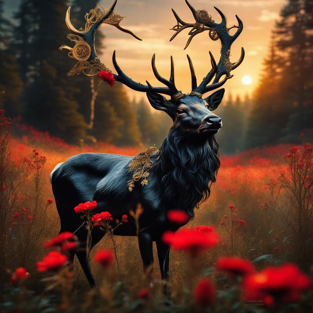 Magical Black Stag with Golden Antlers in Meadow