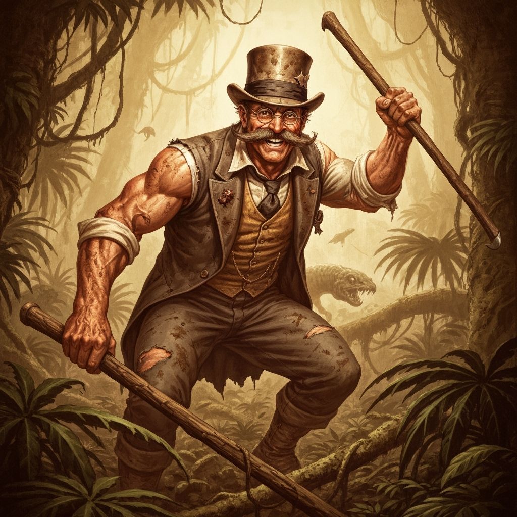Edwardian Explorer Hacking Through Jungle in Sepia Tone