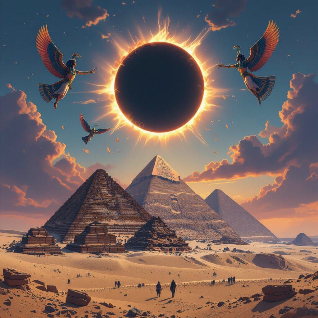 Egyptian Gods Fly Over Pyramids During Solar Eclipse