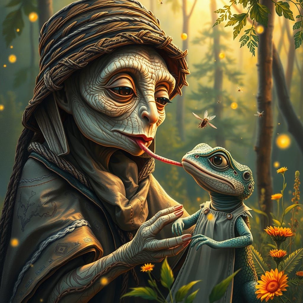 Lizard Alien Grandmother Teaches Grandchild, Impasto Oil Pai...