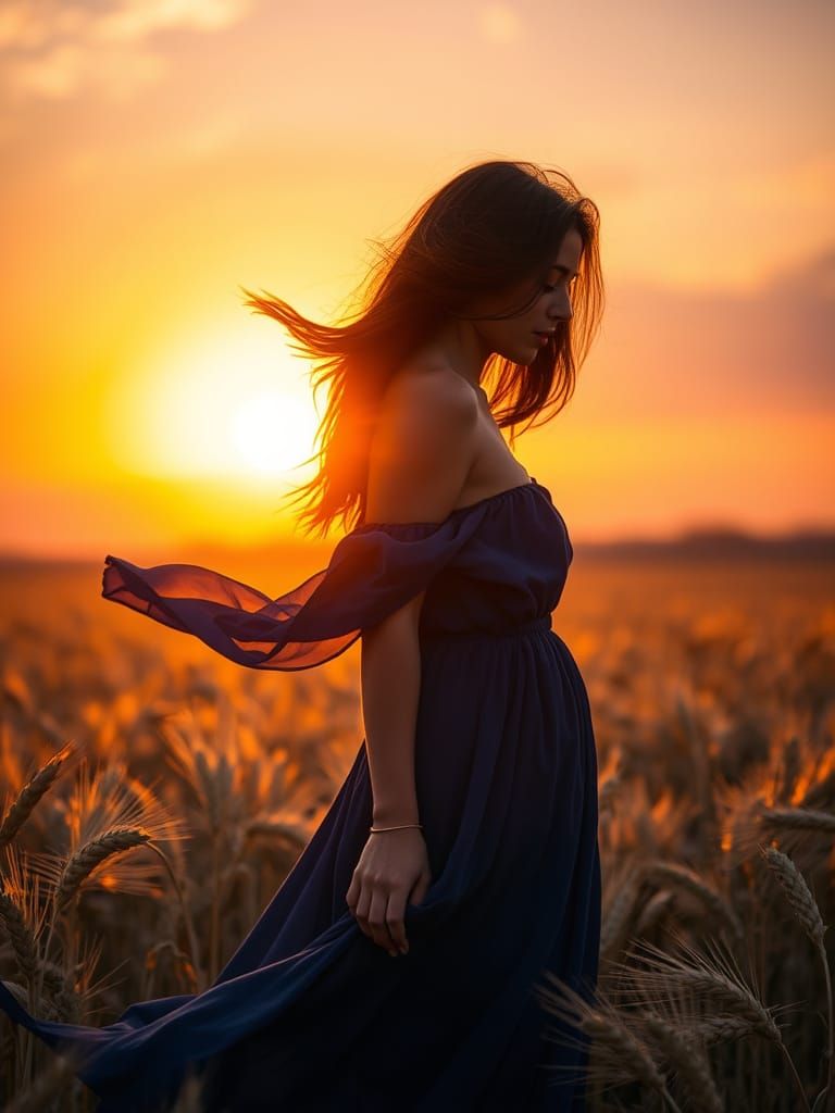Woman in Sunlit Wheat Field at Dusk