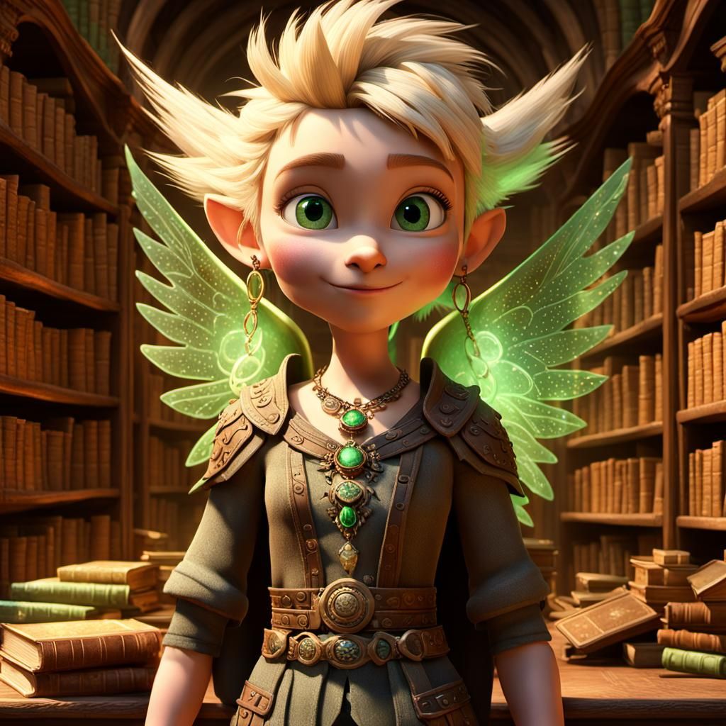 Mischievous Punk Pixie in Magical Library, 3D Digital Art
