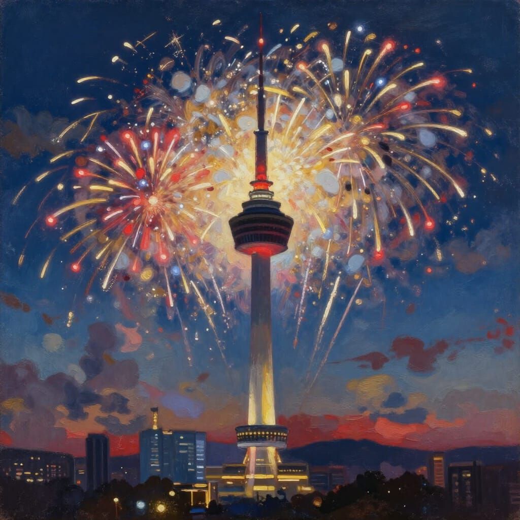 Lotte World Tower at Night: Korean Skyline Fireworks in Oil ...