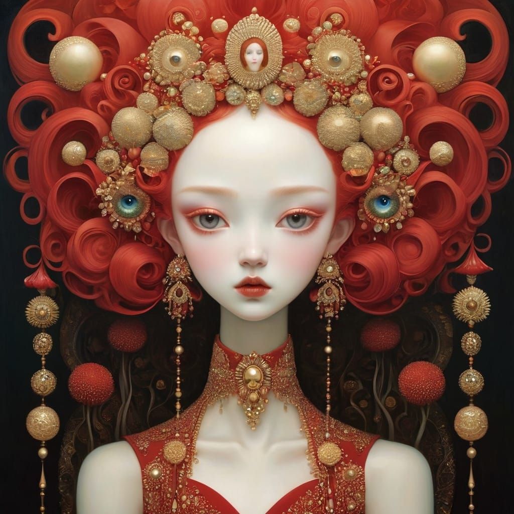 Surreal Red Portrait in Symbolist Style