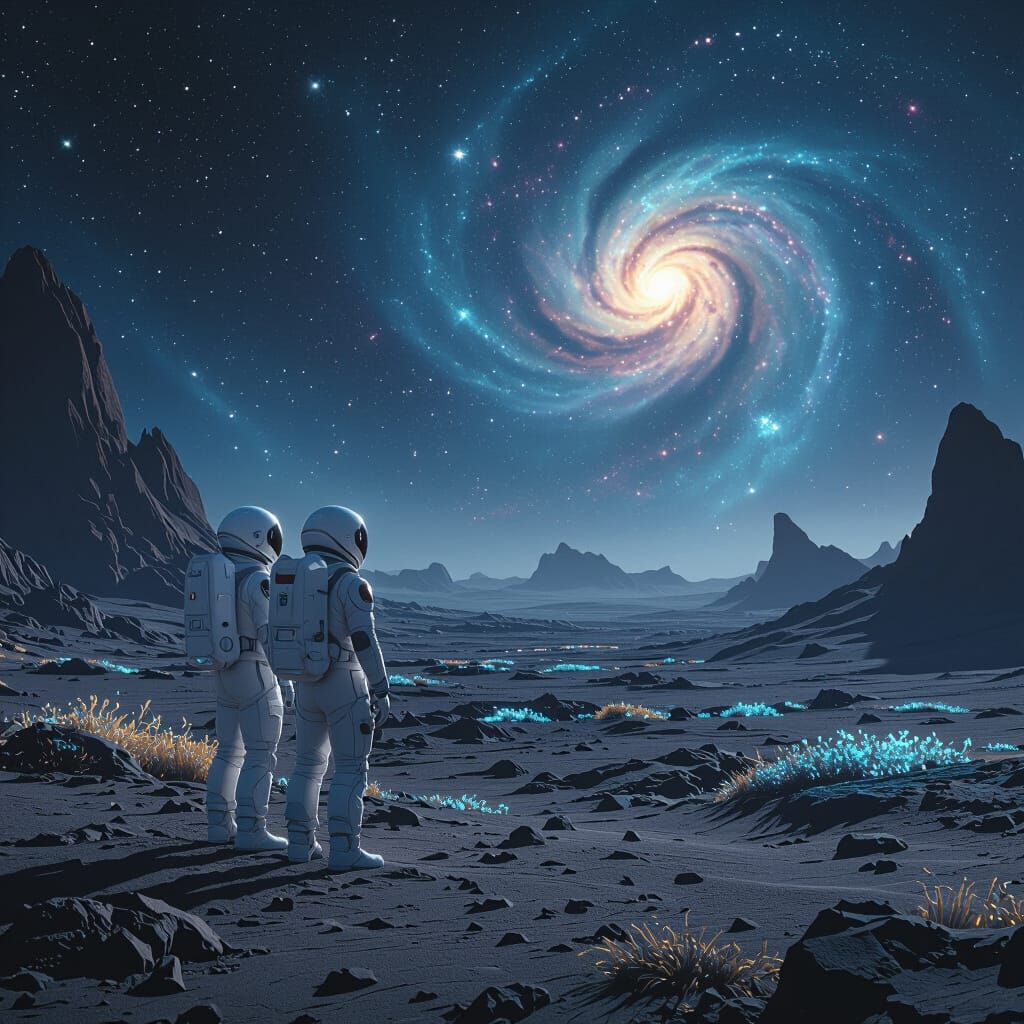 Astronauts Gaze at Nebula on Alien Planet