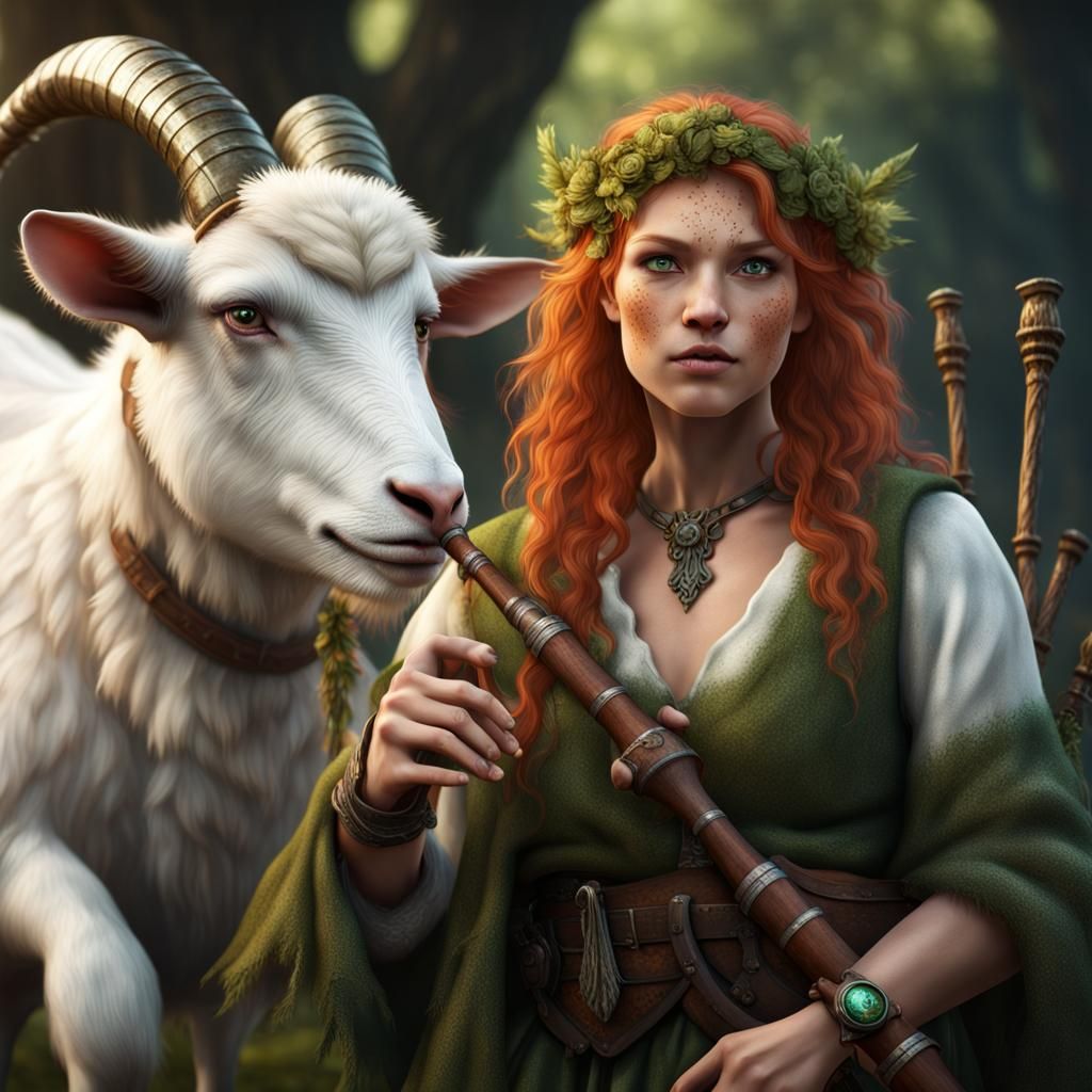 Female Satyr Druid with Bagpipes, Fantasy Art