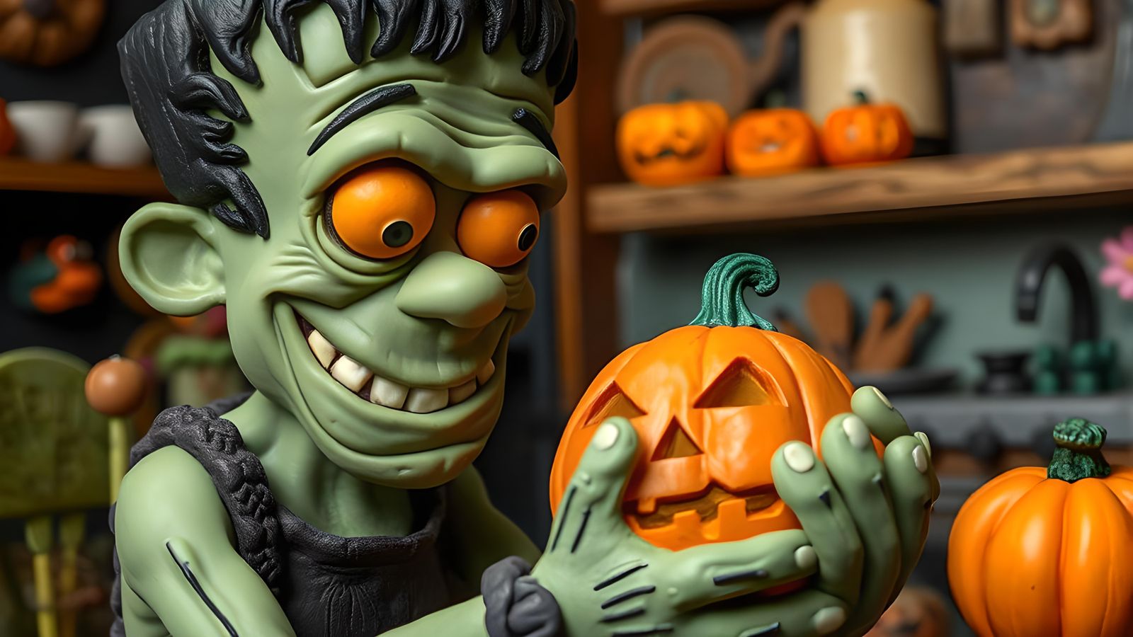 Claymation Frankenstein Carving a Jack-o-Lantern