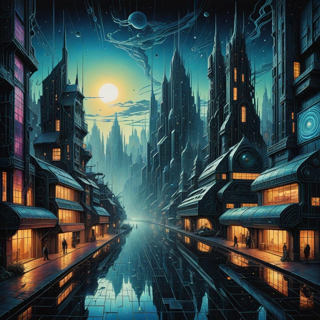 Magical Sound Mosaic Cityscape with Neon Reflections