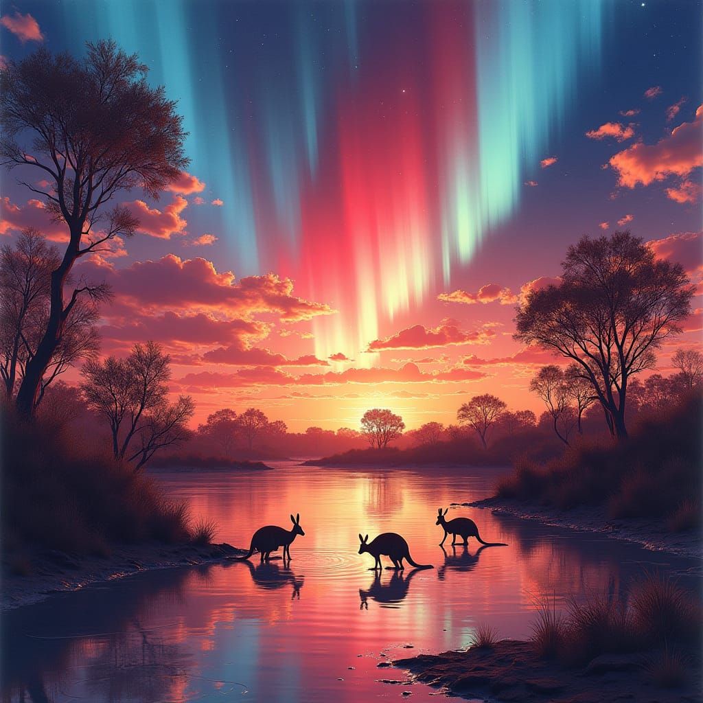 Aurora Australis over the Outback in Watercolor