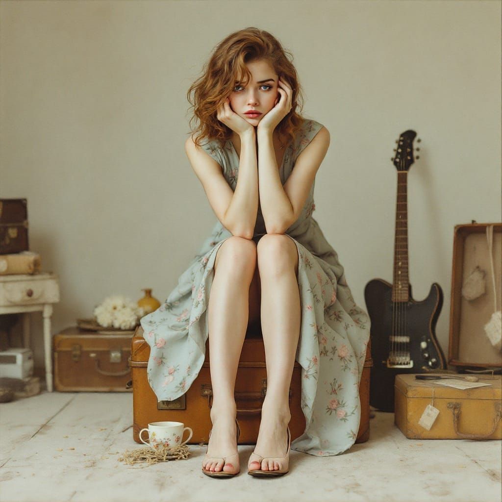 Melancholy Woman with Suitcase in Vintage Pastel Style