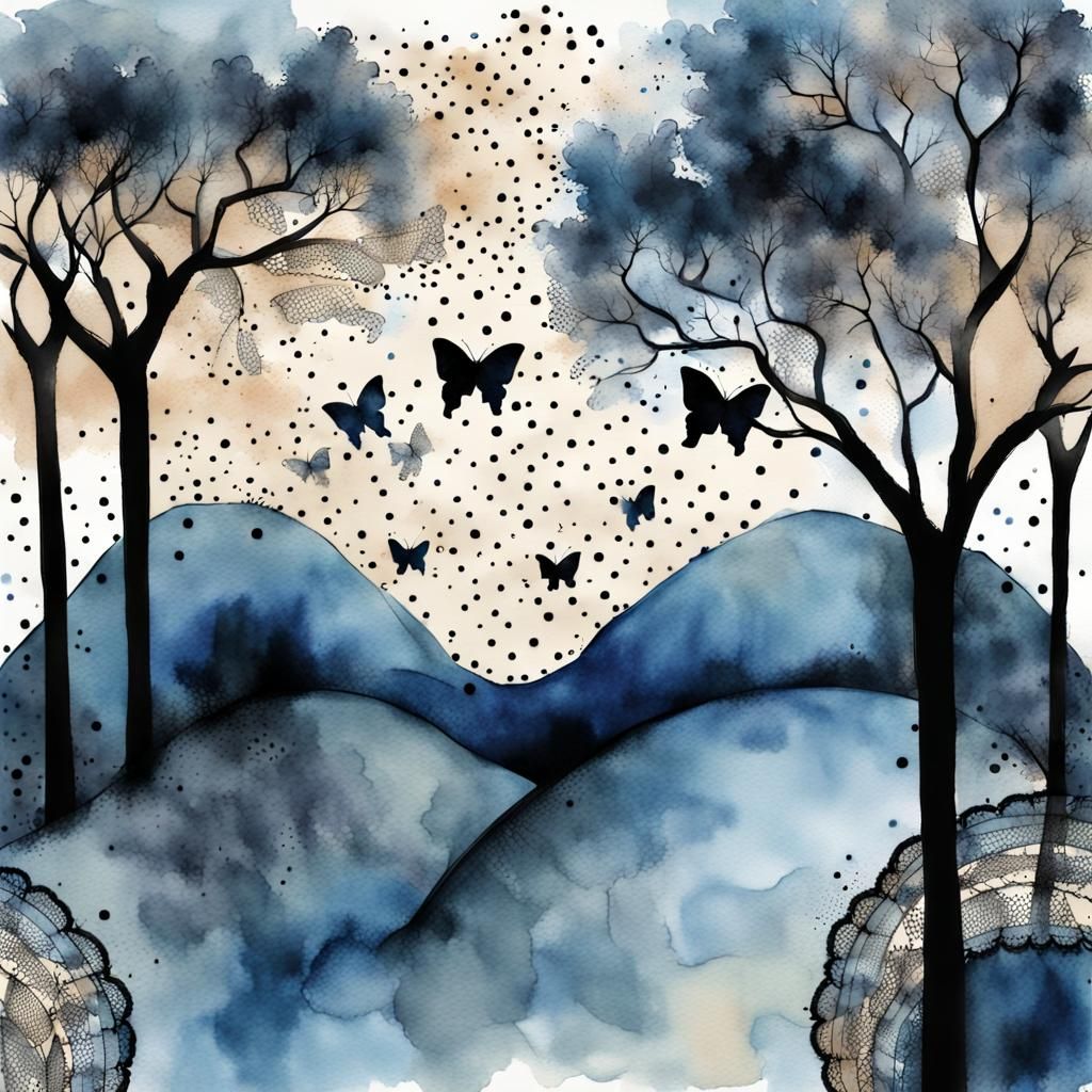 Blue Landscape with Lace Butterflies in Watercolor