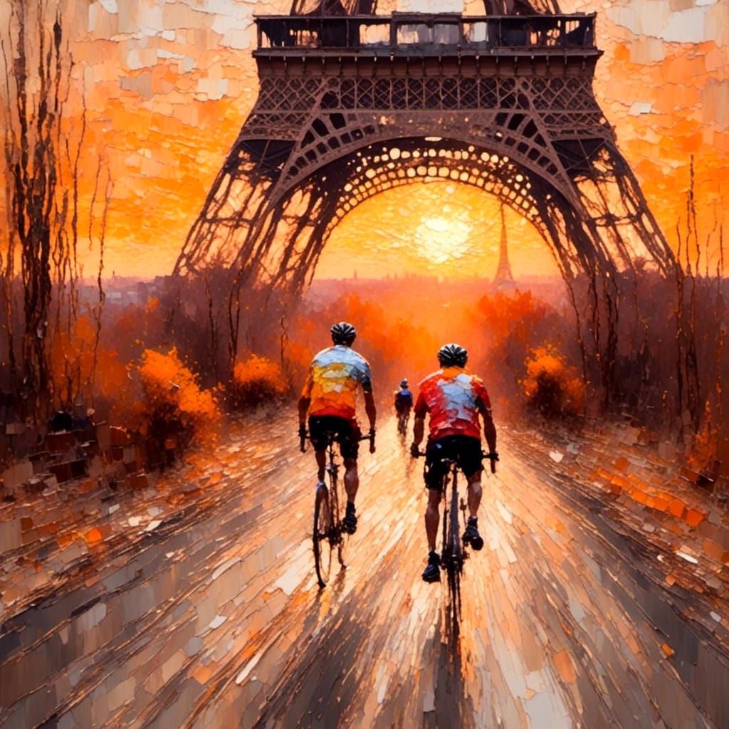 Impressionistic Cyclist Races Past Eiffel Tower