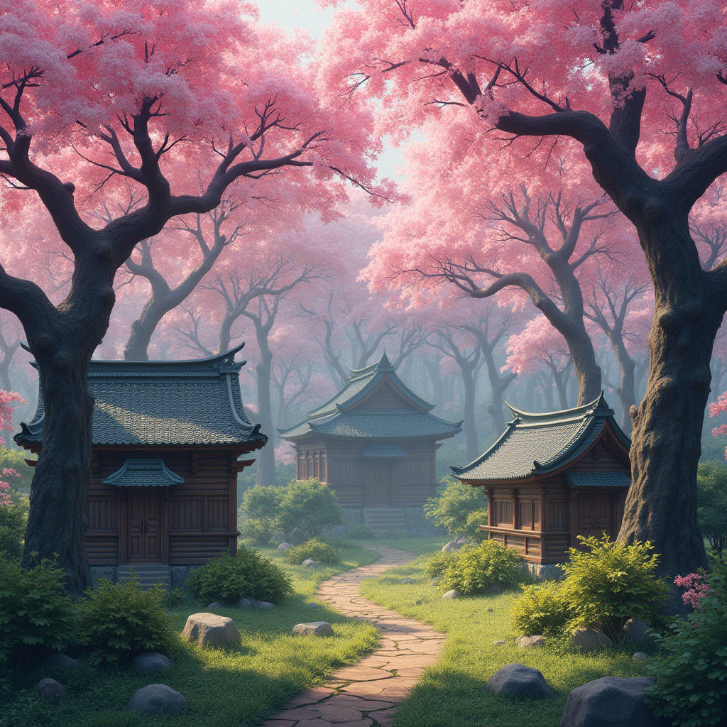 Sakura Forest Houses in Dreamy Matte Painting Style