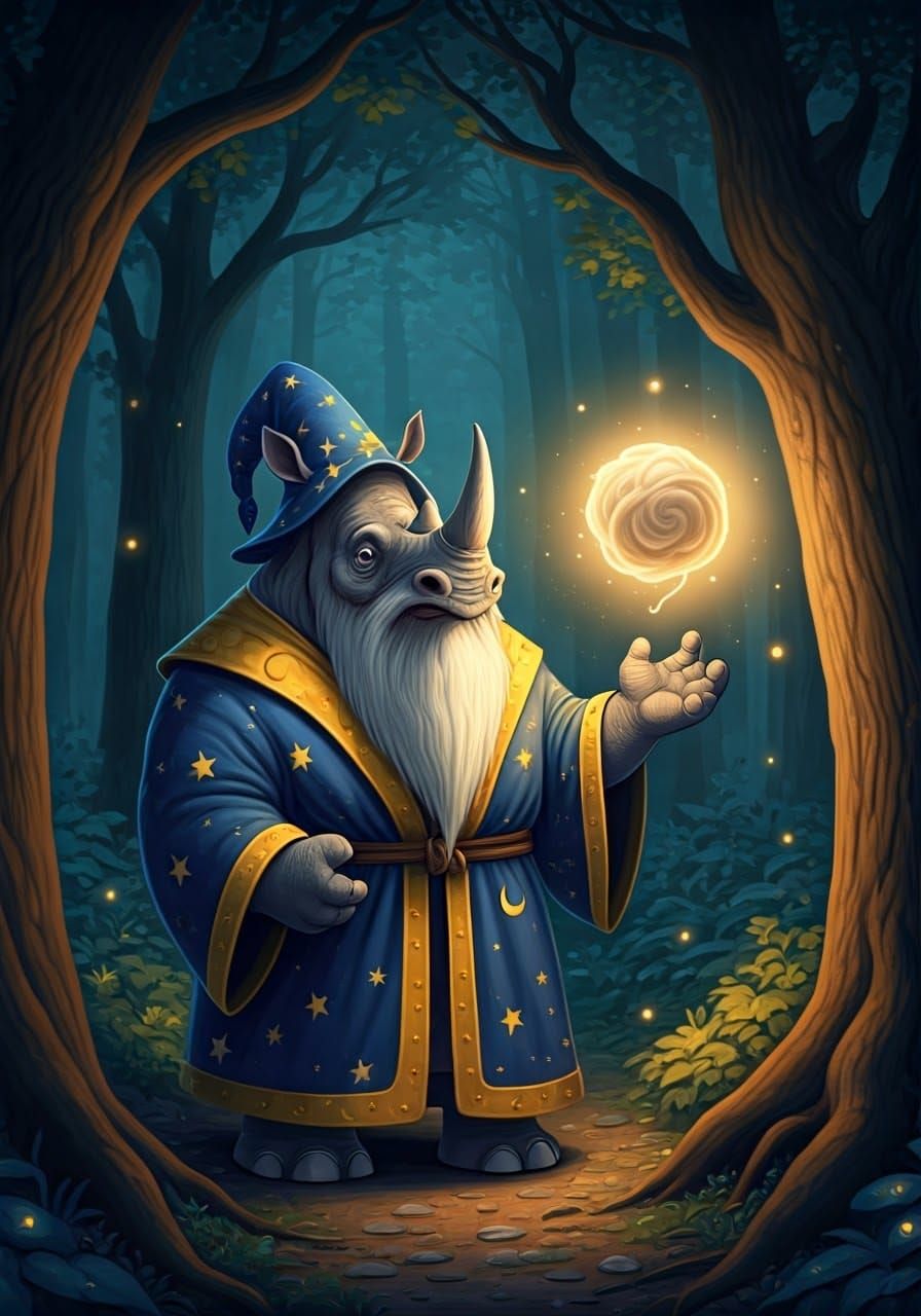 Rhino Wizard Levitates Wool in Dreamlike Forest